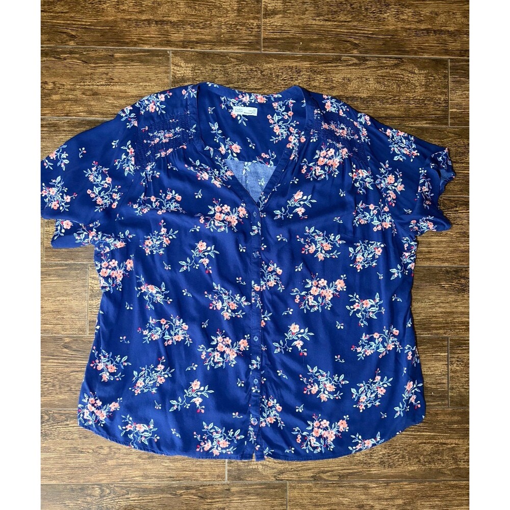 Croft & Barrow Navy Floral Button-Down Top with Smocked Sleeves - 3X